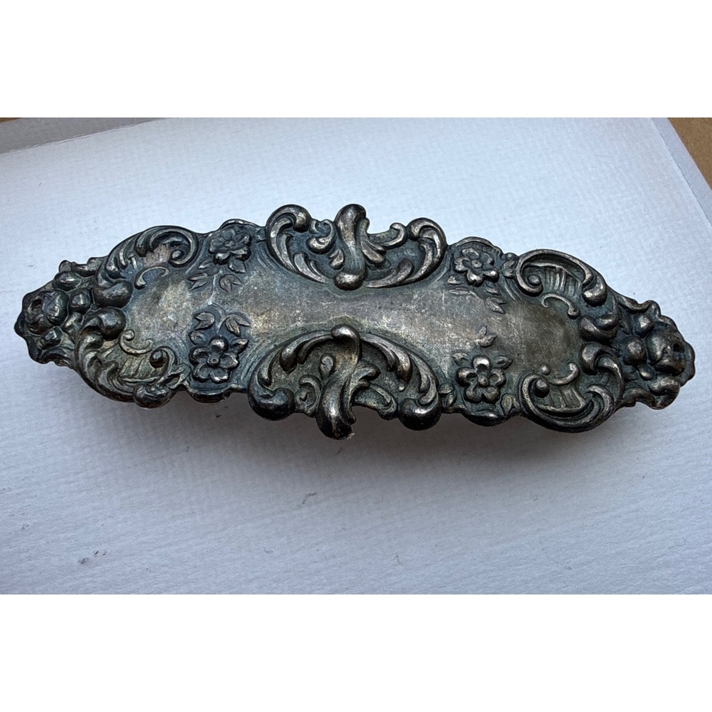 VTG art nouveau made in France Silver Floral Repousse Metal Hair Barrette Clip